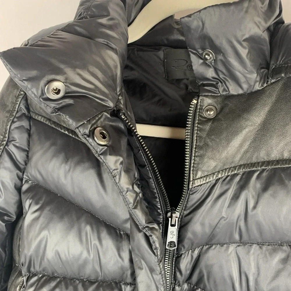 Womens Down Puffer Jacket Size Small Nylon Leather Hooded Black Chic Minimalist